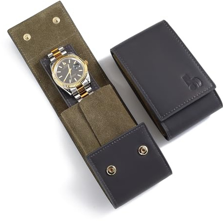 BUREI Herren-Armbanduhr und Leder-Reiseetui-Set, luxuriös, Edelstahl, analog, Quarz-Armbanduhr + tragbare, wasserdichte Uhrentasche, Uhren-Geschenk-Set