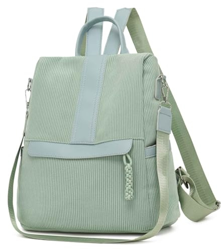 Vmokki Cord Rucksack Damen, Anti Diebstahl Rucksacktasche, Umhängetasche Handtasche Cityrucksack, Daypack für Freizeit Reise Arbeit Schule Mittelgroß (Grün)