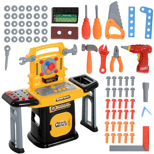 AIYAPLAY Kids Tool Bench, 102 Pieces Workbench Kids Tool Set with Electric Drill, Storage, for Ages 3-6 Years, Yellow