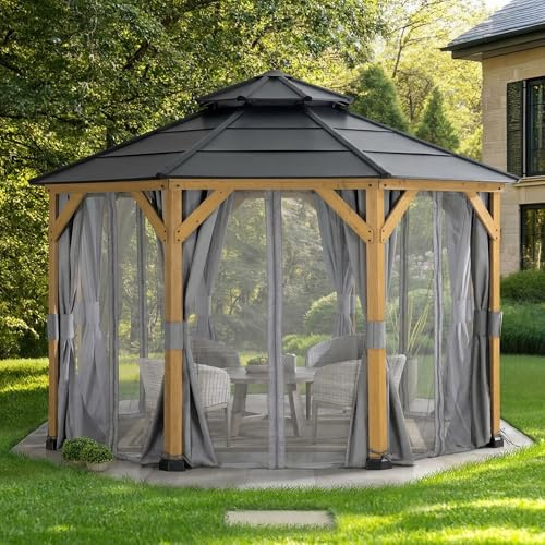 SUNJOY 4,3x4,3 m achteckiger Holzpavillon mit 8 Pfosten aus Zedernholz, Hardtop 2-stufiges Stahldach, Schnee- & UV-beständig, inkl. Vorhängen & Moskitonetzen, dauerhafter Pavillon für Garten&Terrasse