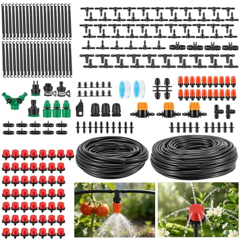 230 FT Irrigation System Kit 339Pcs, Garden Watering System, 360° Adjustable Drip Irrigation System with 55M 4/7+15M 8/11 Irrigation Pipes for Greenhouse, Yard, Lawn, Plant
