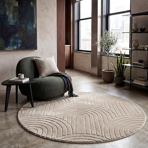 Paco Home Teppich Wohnzimmer Schlafzimmer Hochflor Weich Uni 3D-Optik Pflegeleicht Modernes Design Waschbar Beige, Grösse:160 cm Rund