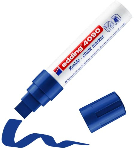 edding 4090 chalk marker - blue - 1 chalk pen - chisel nib 4-15 mm - broad-nib wet wipe pen for chalkboards, windows, glass, mirrors - liquid chalk marker pens for opaque coverage