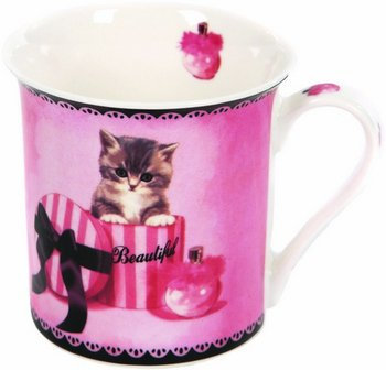 Bonita taza de porcelana fina con diseño de gatito gris en caja de regalo a juego