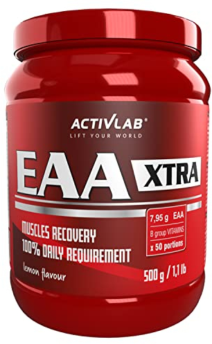 Activlab EAA XTRA 500g Zitrone| 7,95g EAA, 100% Tagesbedarf, 50 Portionen, Muskelregeneration, Pulver Alle 8 essentiellen exogenen Aminosäuren, Vitamine der B-Gruppe, Trainingsgetränk, Messbecher