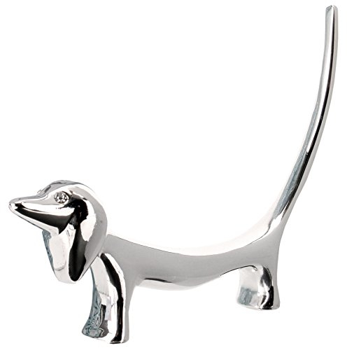 Jewellery Ring Holder SAUSAGE DOG - Metal Silver Finish Organiser Stand - Gift Boxed