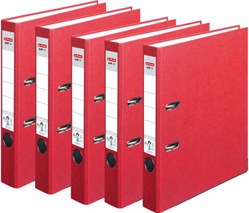 HERLITZ Ordner maX.file nature+ A4 5cm | Kraftpapierbezug selbstklebendes Rückenschild | 5er Sparpack in diversen Farben zur Auswahl (schmal 5cm | 5er Pack, Rot)