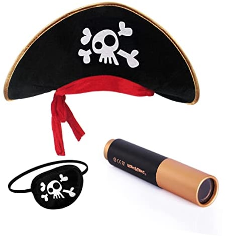 papapanda Kinder Piratenhut Augenklappe Karibik Kapitän Fernrohr Set