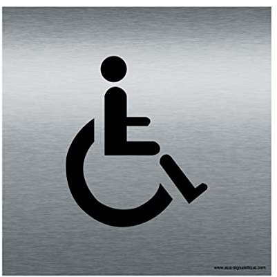 AUA SIGNALETIQUE - Plaque de porte Aluminium brossé imprimé AluSign - Double Face adhésif au dos (130 x 130 mm, Handicapé)