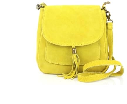 Made in Italy Damen Leder Tasche Messenger Bag Henkeltasche Wildleder Handtasche Umhängetasche Ledertasche Schultertasche Beuteltasche Fransen Cross-Over Gelb