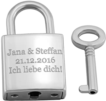 Hanessa Liebesschloss Graviertes Vorhänge-Schloss mit Schlüssel mit Ihrer Gravur Hochzeitstag Jahrestag Geschenkidee Namensgravur in Silber
