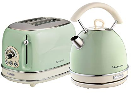 Ariete ARPK11 Retro Style Dome Kettle and 2 Slice Toaster Set, Vintage Design, Green