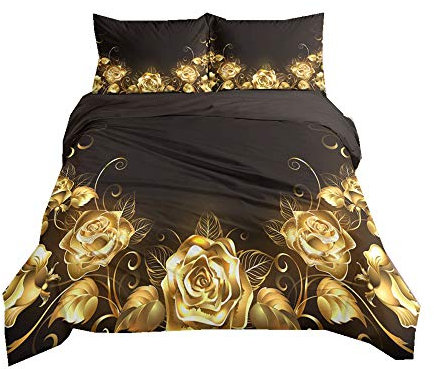 Duvet Cover Set Rose Flower 3D Digital Printing Romantic Floral Bedding Set Girl Woman Black Blue Gold Red Quilt Cover with Pillowcase, Microfiber (Gold, King)