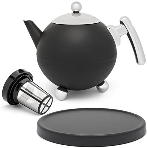Bredemeijer Bella Ronde Edelstahl-Teekannen-Set 1,2L - Doppelwandige Edelstahlkanne mit Füßen, Kugelform, schwarz - Mit schwarzem Untersetzer & Tee-Filter Sieb-Aufsatz für losen & Blätter-Tee