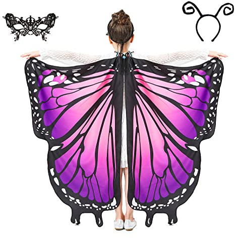 JEPOZRA Schmetterling Flügel Kostüm für Kinder Mädchen Umhang Fee Verkleidung Spielzeug Umhang Schal Prinzessin Party Elfen Set Cosplay,Maske und Kopfbedeckung sind enthalten