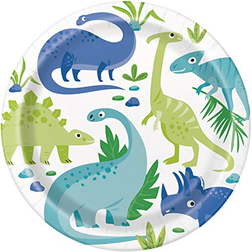Unique- Platos de Papel Ecológicos-23 cm-Fiesta de Dinosaurios Azul y Verde-Paquete de 8, Multicolor, 23 centimeters (73885EU)
