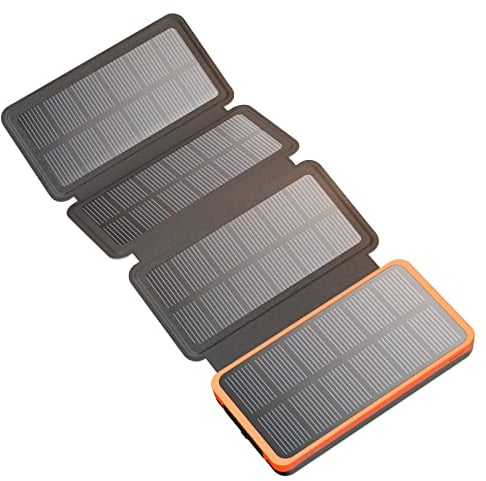 Hiluckey Chargeur Solaire 25000mAh Portable Power Bank avec 4 Panneaux et Ports de USB-C Charge Rapide Imperméable Batterie Externe pour Smartphones, Tablettes, Camping Extérieur