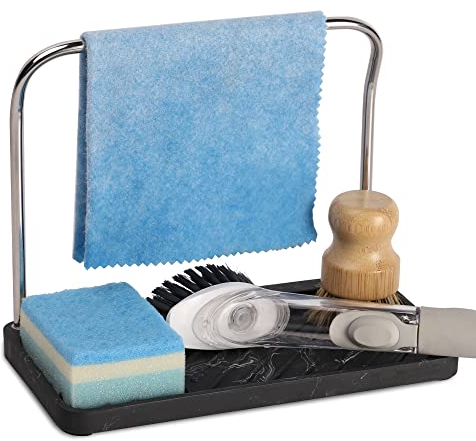 zccz Sponge Holder - Kitchen Sink Organizer Tray Stainless Steel Dish Cloth Hanger Soap Dispenser Brush Holder Caddy, Black Marble Look