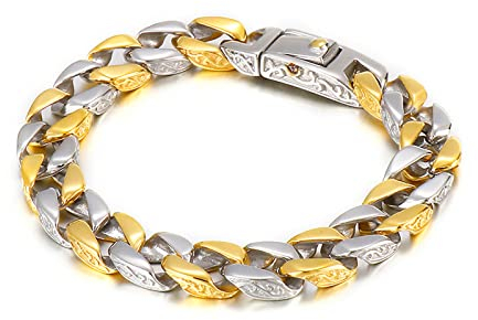 AMDXD Herren Gliederarmbänder für Herren aus Edelstahl, Dog Tag Bicolor Panzerkette Pärchen Armband Geschenk für Paare Ehemann Freund, Länge 22cm, Silber Gold