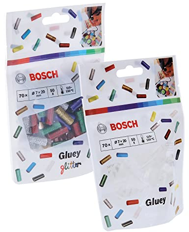 Bosch 70tlg. Gluey Klebesticks Glitzer (Glitzernde Klebesticks, Zubehör für Heißklebestift Gluey) & Bosch 2608002004 Mini Sticks 70tlg. (Transparente Klebesticks, Zubehör für Heißklebestift Gluey)