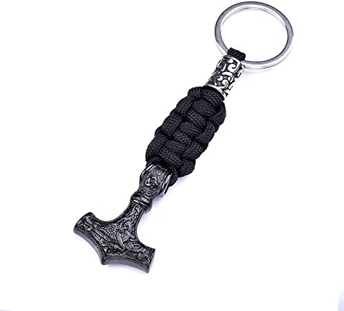 WDBAYXH Nordische Mythologie Thors Hammer Handgefertigtes Schlüsselband, Paracord Gewebt, Wikinger Edelstahl Perlen,Tasche-Anhänger Schlüsselanhänger, Accessoires Im Outdoor-Stil,Schwarz