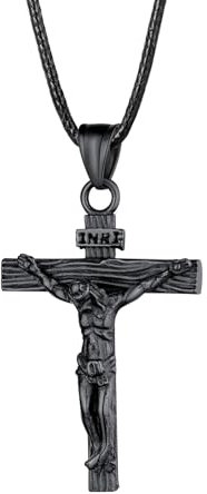 U7 Black Jesus Cross Chain Necklace INRI Amulet Christ Jewellery For Men Women Leather Cord 22