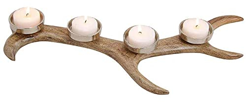 Adventskranz Geweih Holz 57cm | Deko Hirschgeweih mit 4 Teelichthaltern | kerzenhalter länglich