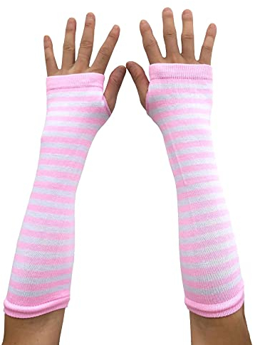 AUSUAYA Gestreifte Handschuhe, lang, fingerlos, gestrickte Armstulpen für den Winter, für Punk, Rock und Cosplay, Gothic, Halloween-Party, GB-WM-S-G5, Weiß und Rosa gestreift, One size