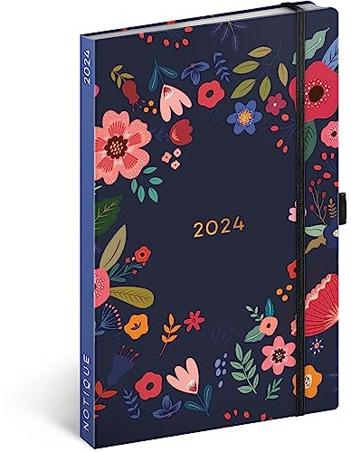 NOTIQUE Terminplaner 2024 ca. A5, Terminkalender mit Gummibandverschluss, Wochenplaner, Buchkalender, Hardcover Wochenkalender (Blaue Blüten 2024)