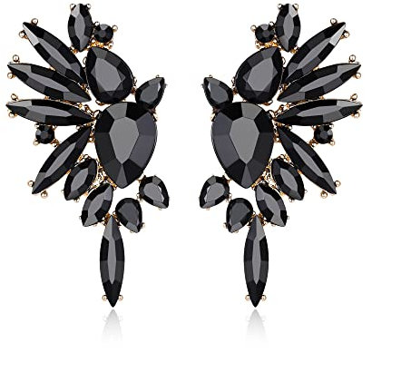 EVER FAITH Crystal Fashion Statement Angel Wings Earrings, Art Deco Marquise Teardrop Dangle Earrings for Woman Black Gold-Tone