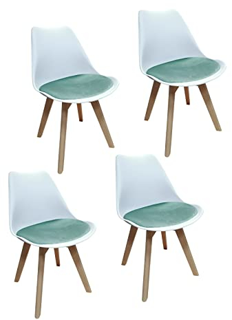 HTI living Stuhl Atlanta Weiß, Velvet Türkis Esszimmerstuhl Kunststoffschale Samtbezug Holzfüße 4-teilig