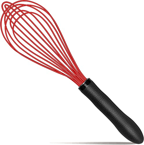 TEEVEA Silicone Whisk,Kitchen Silicone Whisks for Cooking Non Scratch,Wisking Tool Metal Wire Stainless Steel Egg Whisk Silicone Rubber Wisk,Large Small Mini Heat Resistant Whisk Set of 3,Black & Red