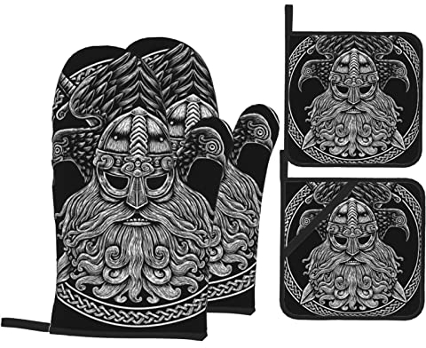 4 Stück Handschuh Set Vintage Wikinger Nordischer Gott Odin Krähenschwerter Topflappen Handschuh Weichem Küchenhandschuhe Geeignet Oven Mitts Für Zum Grillen, Die Küche, Mikrowellenofen