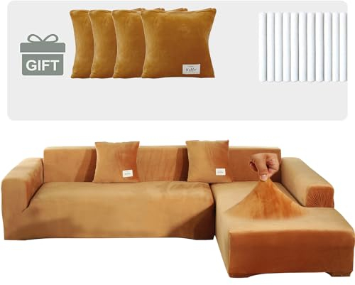 TOPCHANCES Samt Sofabezug 1 2 3 4 Sitze,Sofabezüge Ecksofa L Form,Sofa Überwürfe Stretch Couchbezüge mit 4 Kissenbezügen Universal für Couch Cover Möbelbezug(3+3 Sitze,Orange)