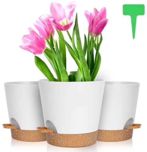 OFFCUP Lot de Pot de Fleur en Plastique, 3pcs Pots de Fleurs Auto-Arrosant, Pots de Plantes avec Trous De Drainage et Soucoupes Amovible pour d'Intérieur et d'Extérieur Jardins de Balcon -Blanc 20cm