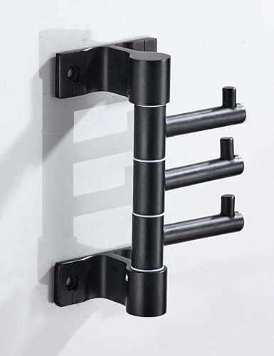 Swivel Towel Hooks Wall Coat Rack with 3 Arms, Towel Hooks for Bathroom Swivel Coat Rack Hat Rack Wall Mount Key Holder Hanger (Black, 3 Swivel Arms)