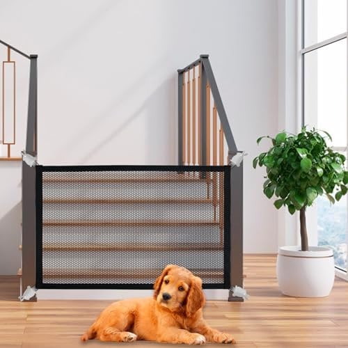 Dog Gates for The House, Malydyox Mesh Baby Gates for Stairs with Portable Safety Fence Easily Install Anywhere, Child Gate for Doorways with 4pcs Loops and 8pcs Rabbit Shape Metal Hooks, 100cm x 72cm