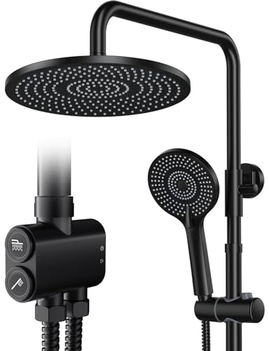 Rainsworth Colonne de Douche sans Mitigeur Noir, Douche Set avec inverseur de bouton, tête de douche 25 cm, Pommeau de Douche de 3 Jets, Douche à Pluie Réglable en Hauteur, Douche avec Haute Pression