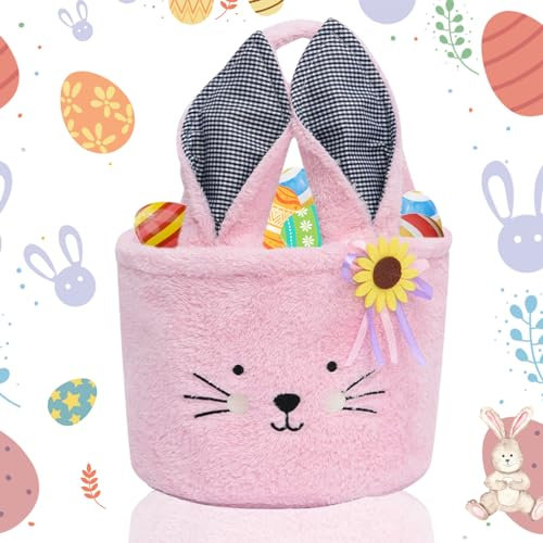 GZWY Osterkorb Kinder, Osterkörbchen mit Faltbaren Ohren und Sonnenblumen Dekoration Filztasche Osterhase, Osterkörbe mit Henkel für Ostereiersuche (Rosa)