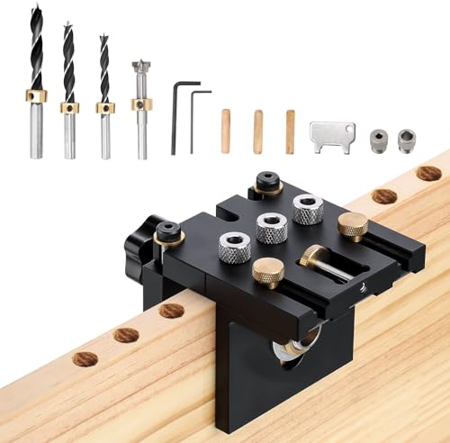 Ampvolts 6/8/10/15mm Holzdübel Bohrschablone Möbelbau - 3 in 1 Bohrlehre für Die Holzbearbeitung Exakte Dübellöchre, Dübelhilfe mit Positionierungsclip Bohrer Perforator, Bohrhilfe