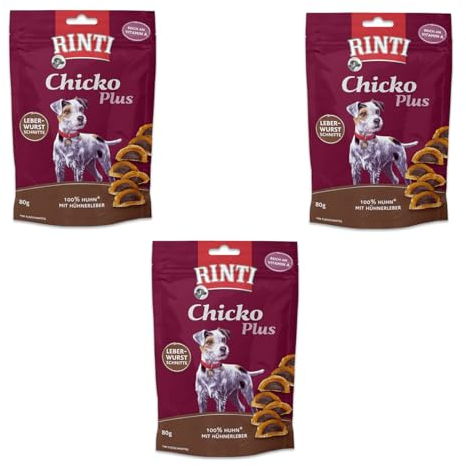 Rinti Chicko Plus Leberwurstschnitte | 3er Pack | 3 x 80 g | Leckerli für Hunde | Hühnerbrustfilet mit Hühnerleber gefüllt | Schonend luftgetrocknet ohne Zusatzstoffe