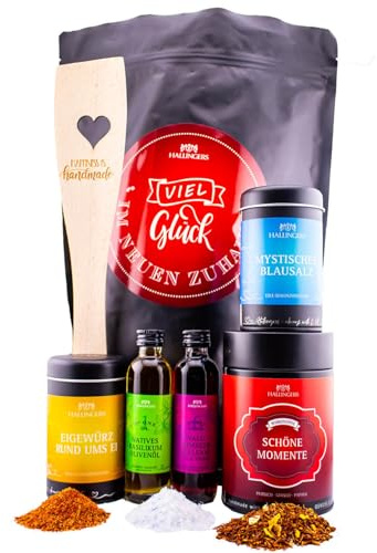 Hallingers Genuss Manufaktur Feinkost Glückwunsch-Geschenk-Set - XXL-Wundertüte Viel Glück im n... großer Einzugsgruß Olivenöl, Essig, Gewürz, Salz, Tee & Pfannenwender, Geschenkidee für Frauen