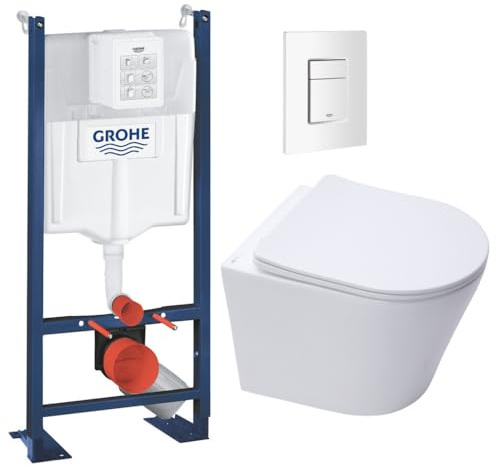 WC Suspendu Pack Complet Accessoires - Pack WC Grohe Bâti autoportant, WC sans bride SAT, Abattant frein de chute, Plaque Blanc Alpin, Abattant WC,Cuvette Toilette, Chasse d'eau Wc, Mécanisme