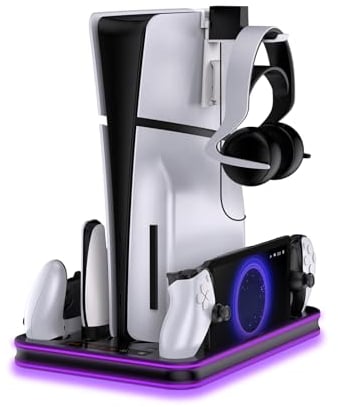 EJGAME PS5 / P5 Slim Stand and Cooling Station with RGB LED Controller Charging Station for Playstation 5 Console, PS Portal Charging Dock, PS5 / P5 Slim Accessories with 3 Level Cooling Fan
