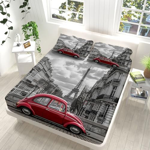 Stadt-Themenauto Paris Eiffelturm Grauer Hintergrund Spannbettlaken 180x200cm Weiches Atmungsaktiver Mikrofaser bettlaken Spannbettlaken für Boxspringbetten und Topper Matratzenschoner bis 30 cm Höhe