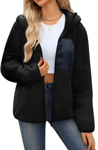 Yuson Girl Womens Hoodie Winter Warm Fleece Hooded Sweatshirt Zip Up Colour Block Jacket Coat Casual Long Sleeve Outwear with Pockets(Black, M)