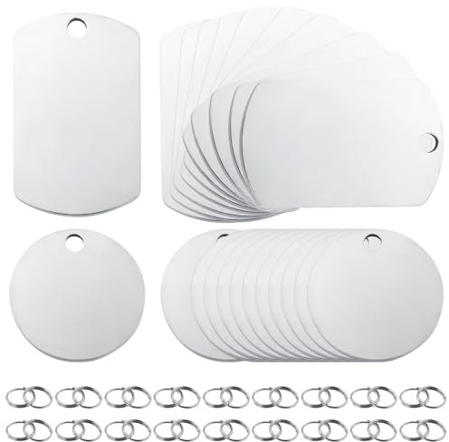 AMANDELIZABE Edelstahl anhänger Blanko 22 Stück Rohlinge Dog Tags Stanzen Rohlinge Hundemarken Schlüsselanhänger Beschriftbar Leere anhänger Tags Rund Schlüsselanhänger DIY Making Kit