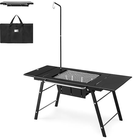 Naturehike Mesa portátil IGT con barbacoa de carbón, mesa de camping plegable y barbacoa, incluye extensión de mesa y soporte para linterna, ideal para barbacoas al aire libre, camping, cocinar,