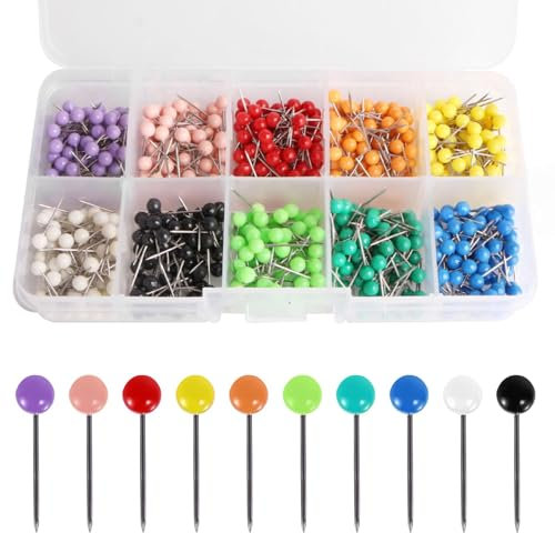 1000 Stück Pinnadeln Rundkopf Stecknadeln Karte Nagel,Bunt Map Pins Rundkopf Stecknadeln mit Aufbewahrungsbox,Pushpins Dekorative für Weltkarte,Cork Board,Stoffmarkierung
