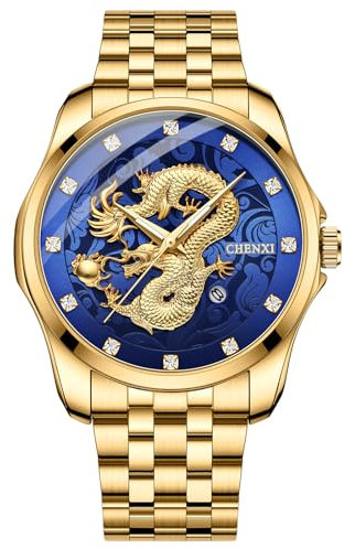 JewelryWe Herrenuhr Drachen Edelstahl Uhr: 30m Wasserdicht Kalender Analog Quarz Armbanduhr Herren Gold Edelstahlarmband Leuchtende Uhren mit Blau Diamantskala Zifferblatt und Leuchtzeiger